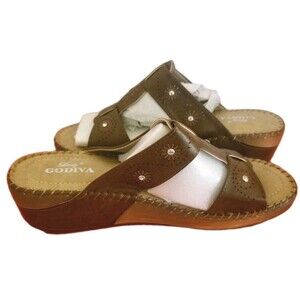 Lady Godiva NIB Brown Sandals Slides Sz 10M Stitching Wedge